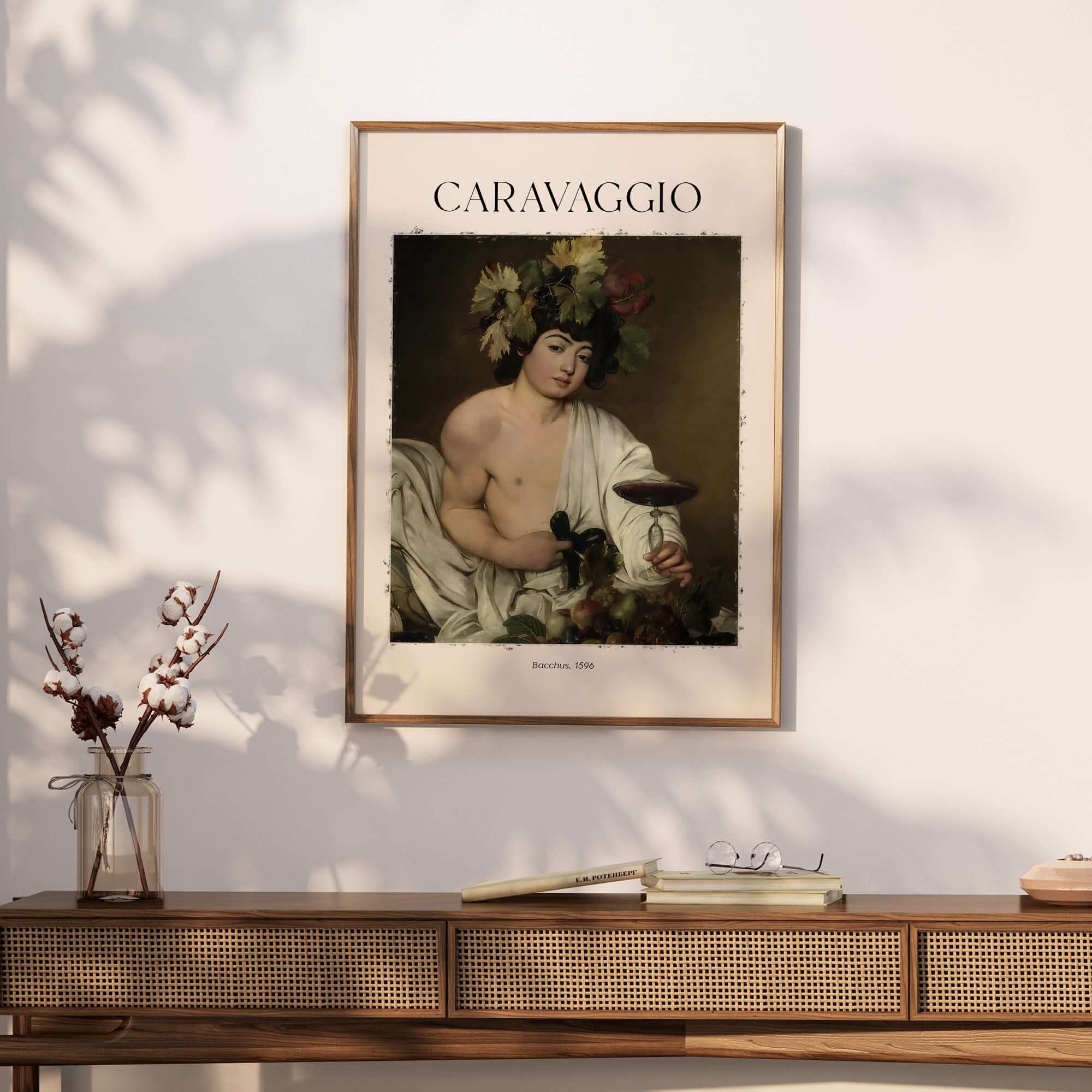 Caravaggio Bacchus Art Print - Roman God of Wine Baroque Wall Decor 1596 showcasing Bacchus offering wine.