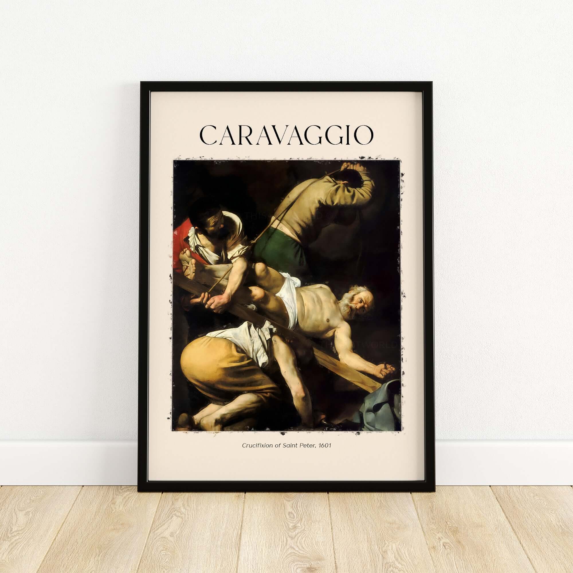 Caravaggio Art Print - Crucifixion of Saint Peter 1601 framed art print showcasing the dramatic scene of martyrdom.