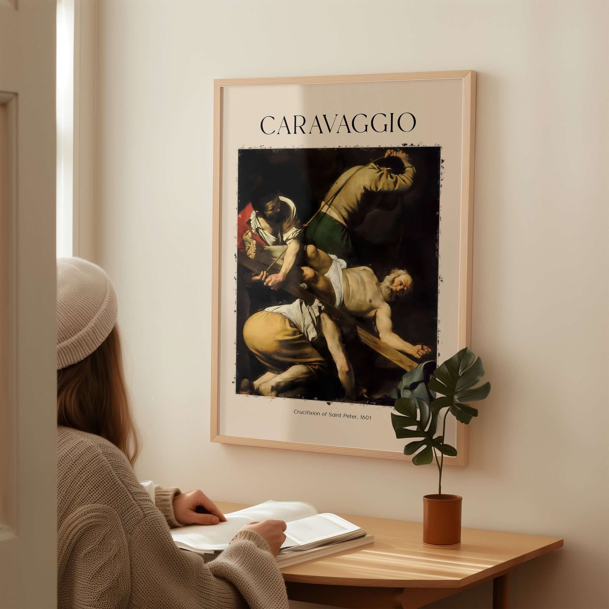 Caravaggio Art Print - Crucifixion of Saint Peter 1601 displayed in a cozy room on a wall.
