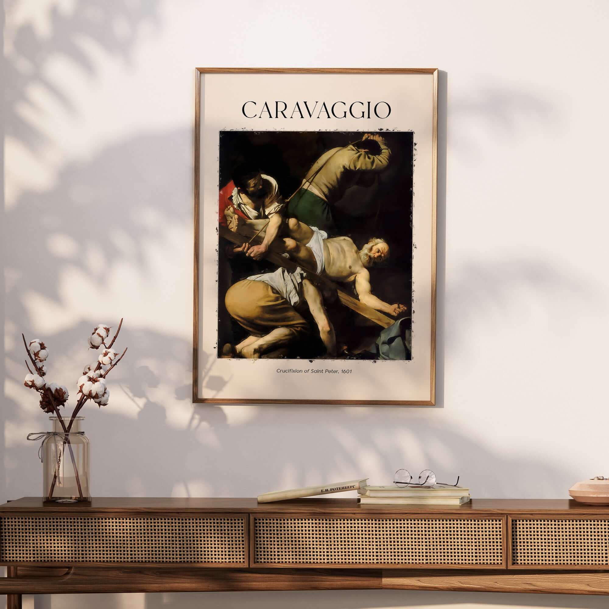 Caravaggio Art Print - Crucifixion of Saint Peter 1601 displayed in a stylish home decor setting.