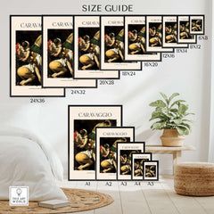 Size guide for Caravaggio Art Print - Crucifixion of Saint Peter 1601 in various frame dimensions on a stylish display.