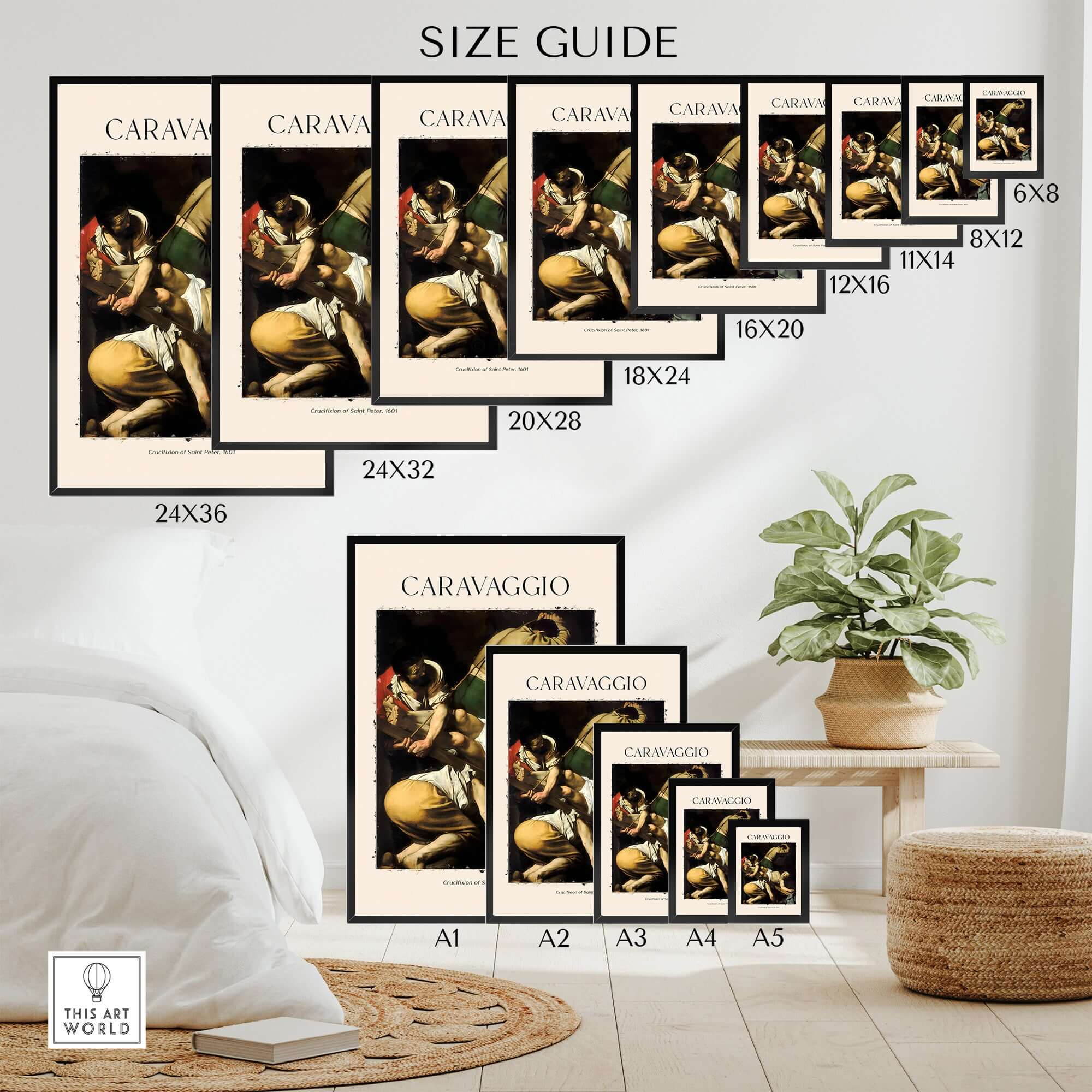 Size guide for Caravaggio Art Print - Crucifixion of Saint Peter 1601 in various frame dimensions on a stylish display.