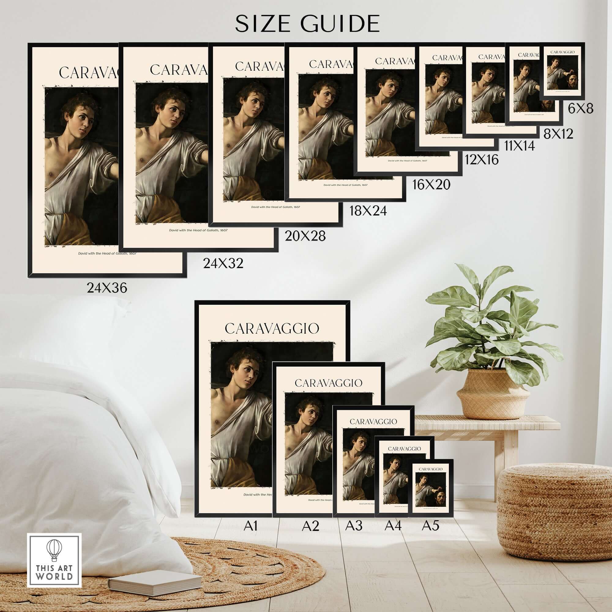 Caravaggio Art Print - David with the Head of Goliath Poster 1607 size guide showing various dimensions.