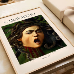 Caravaggio Art Prints - Medusa 1597 artwork featuring Medusa with snake hair and dramatic expression.