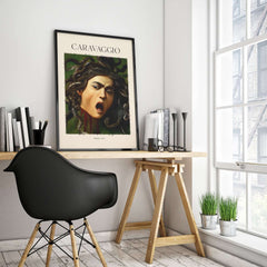 Caravaggio Art Prints - Medusa 1597 showcased in a stylish workspace with black chair and modern decor.