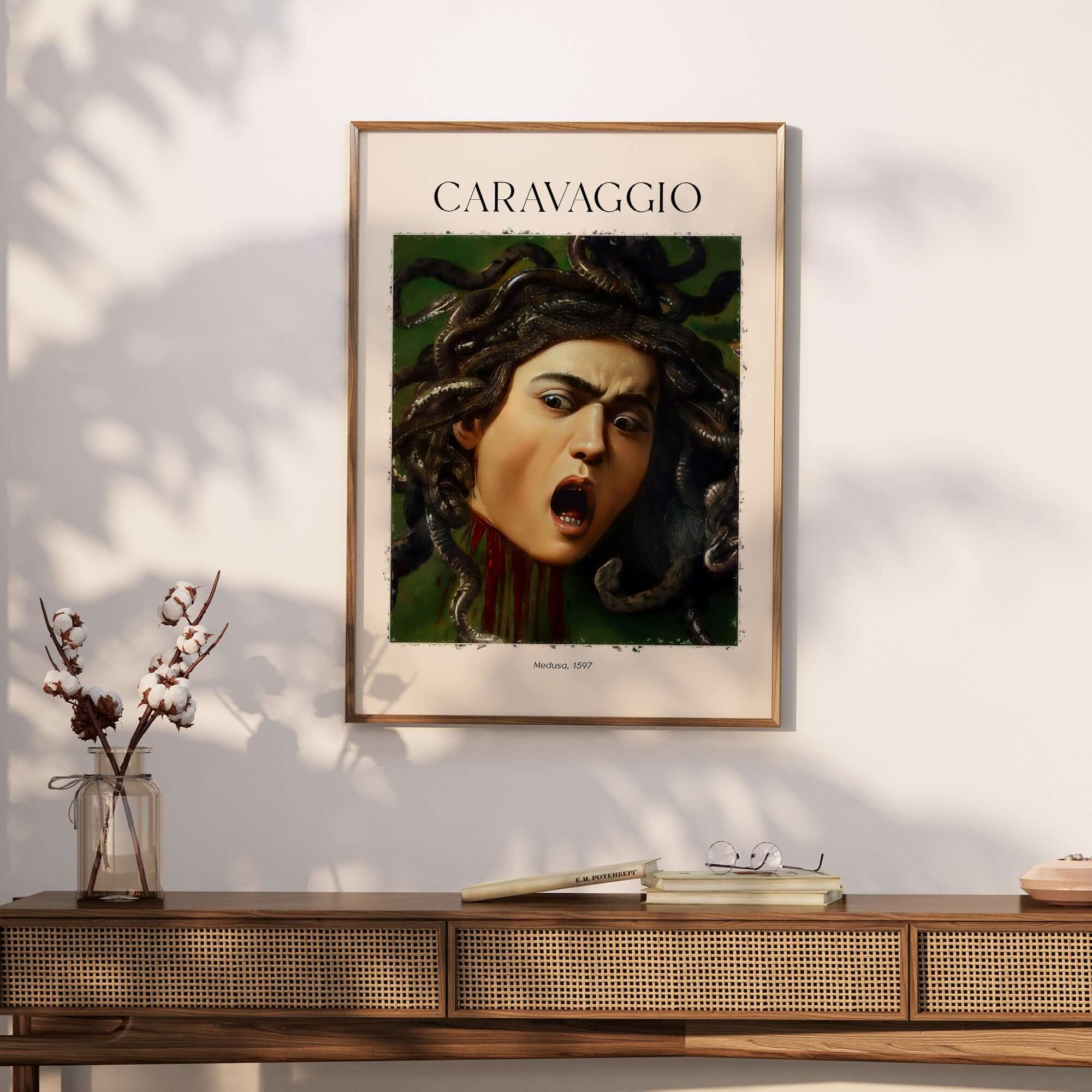 Caravaggio Art Prints - Medusa 1597 artwork featuring the Gorgon with snakes and emotional expression.