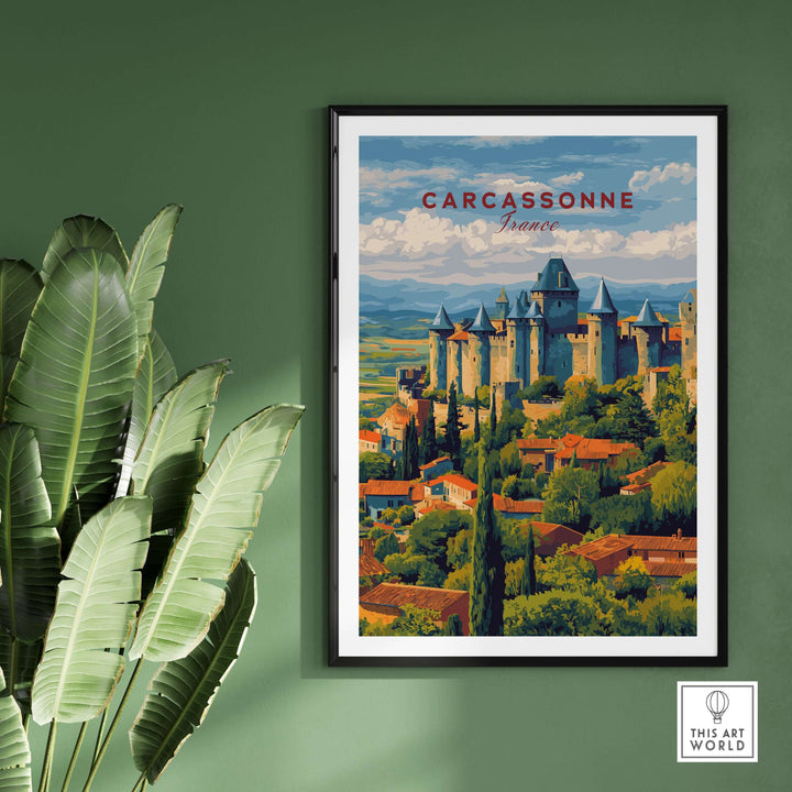 Carcassonne France medieval castle poster featuring historic architecture and scenic greenery for home decor.