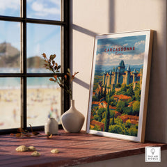 Carcassonne France Medieval Castle Poster - Historic City Wall Art displayed in a bright room with a view of the beach.