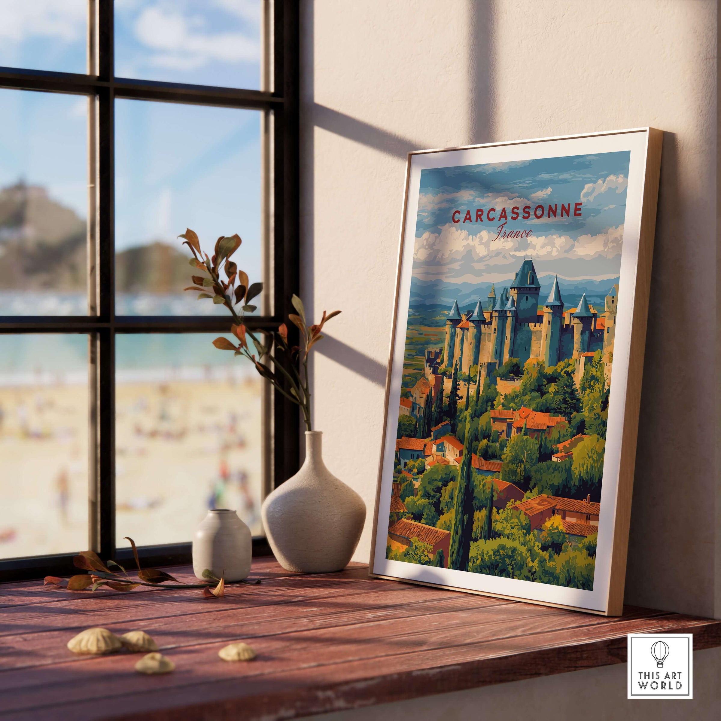 Carcassonne France Medieval Castle Poster - Historic City Wall Art displayed in a bright room with a view of the beach.