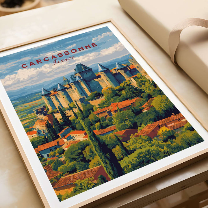 Carcassonne France medieval castle poster capturing historic architecture and lush scenery for wall art decor.