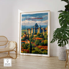 Carcassonne France Medieval Castle Poster - Historic City Wall Art displayed in a modern home setting with greenery.
