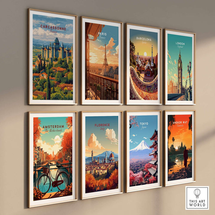 A collage of vibrant travel posters featuring iconic cities like Carcassonne, Paris, and Tokyo, showcasing historic landmarks.