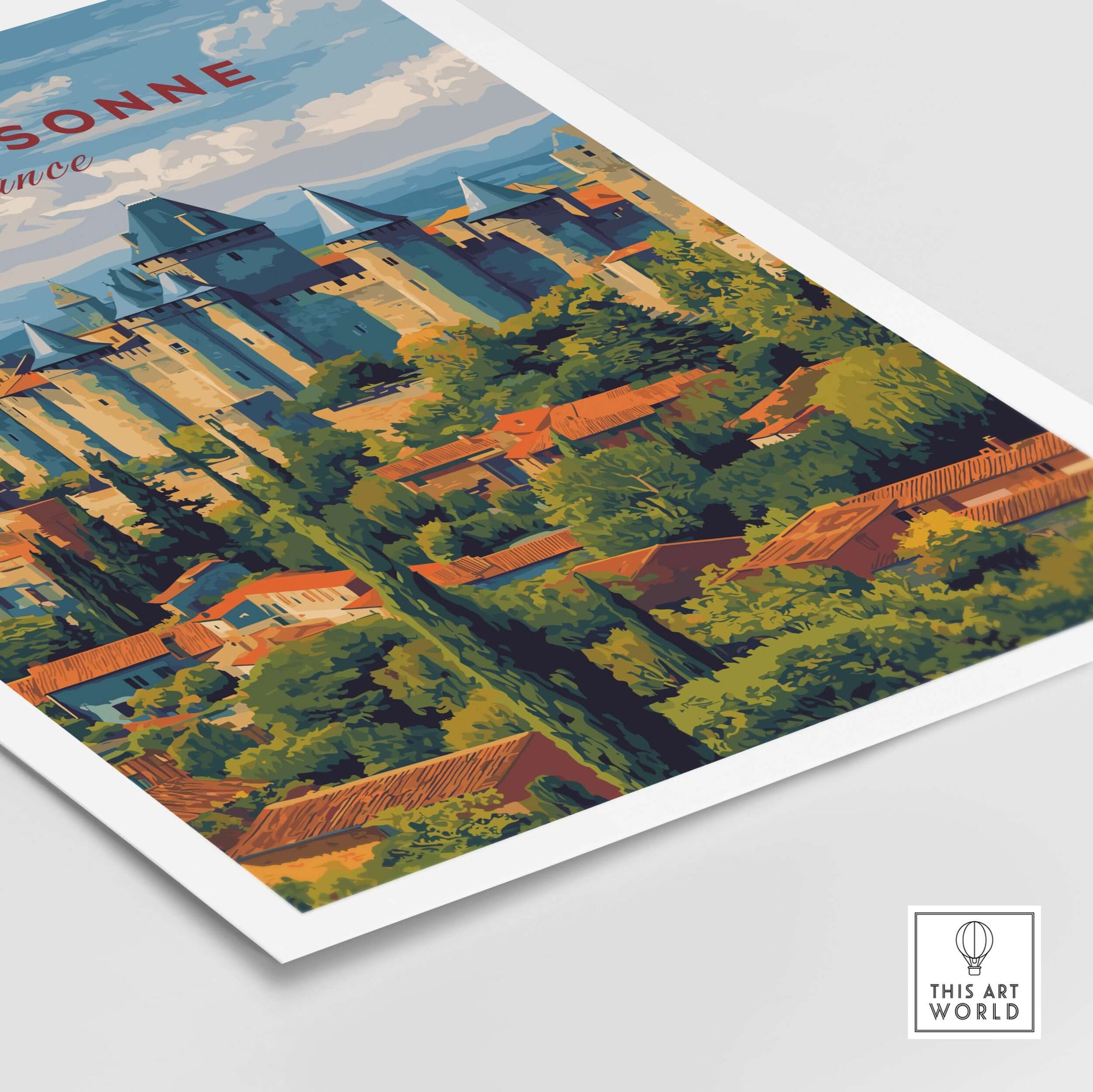 Carcassonne France Medieval Castle Poster - Historic City Wall Art featuring a scenic view of the medieval fortress city.