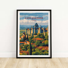 Carcassonne France Medieval Castle Poster - Historic City Wall Art showing a picturesque medieval castle and landscape.