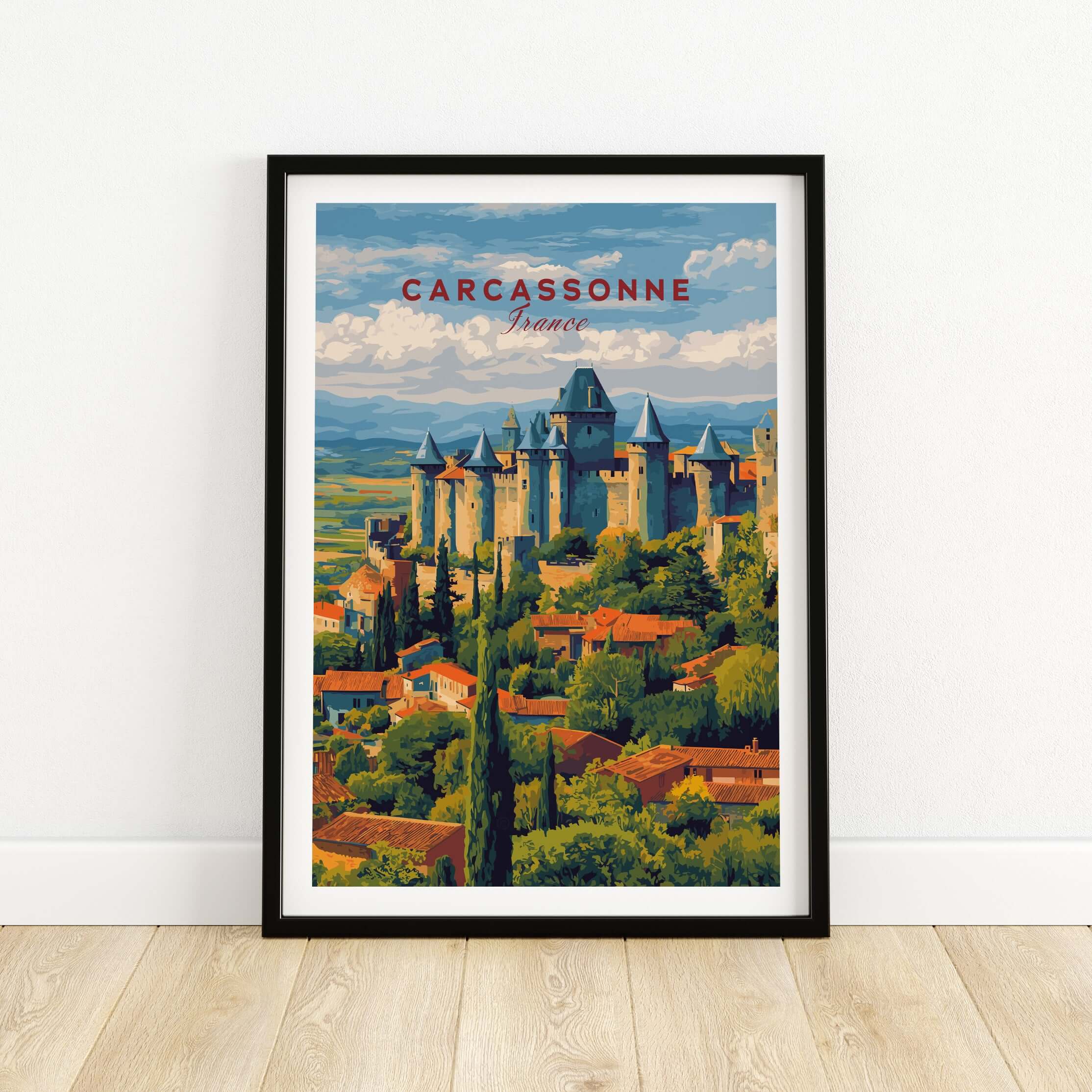 Carcassonne France Medieval Castle Poster - Historic City Wall Art showing a picturesque medieval castle and landscape.