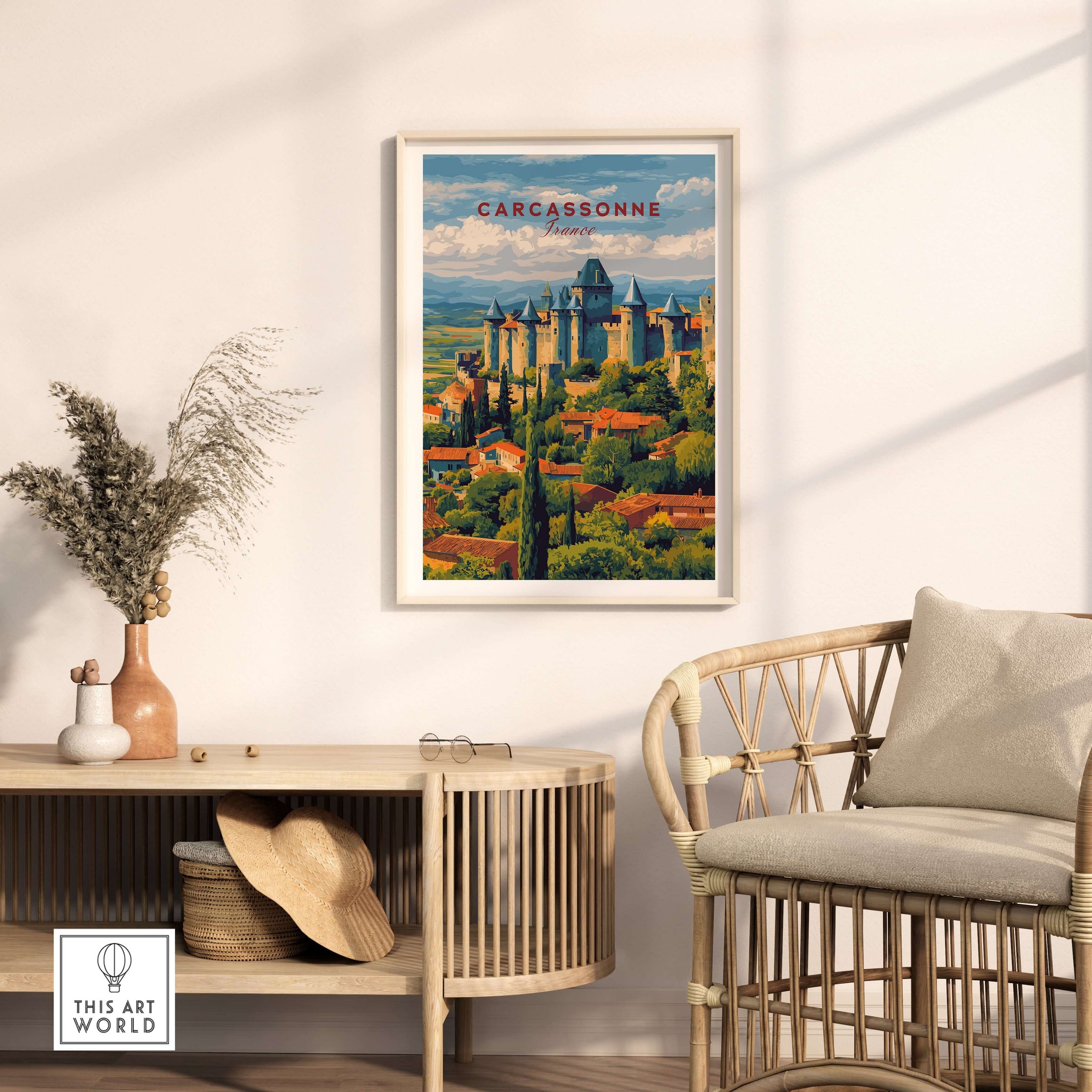 Carcassonne France Medieval Castle Poster - Historic City Wall Art displayed in a cozy living room setting.