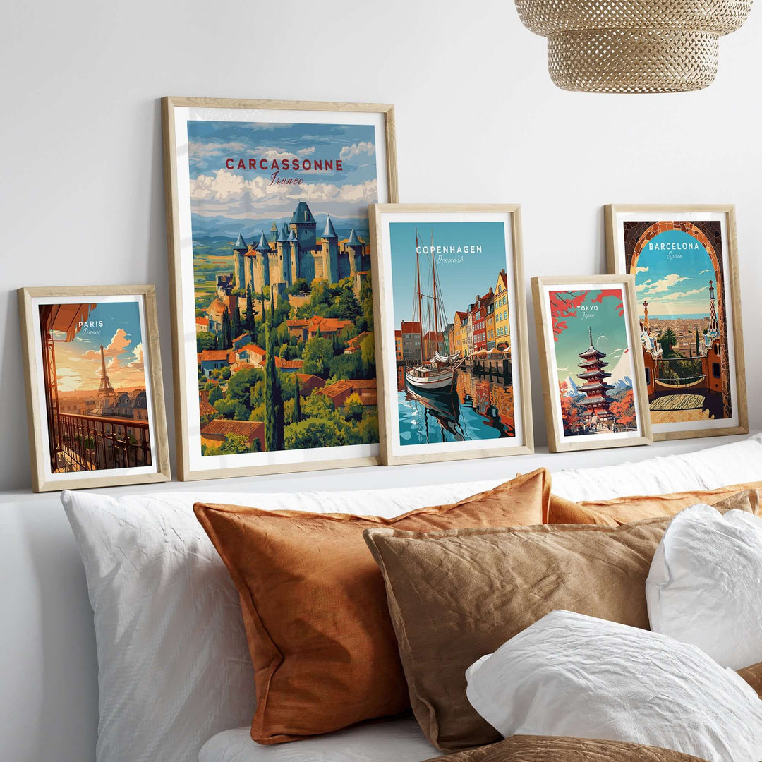 Framed Carcassonne medieval castle poster with travel art, decor on a cozy bed with decorative pillows.