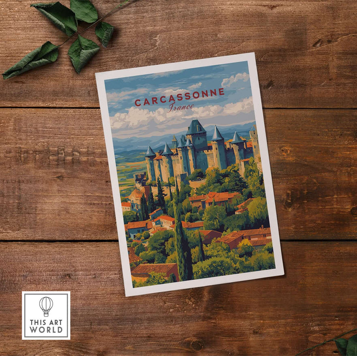 Carcassonne France medieval castle poster showcasing historic city landscape wall art with lush greenery.