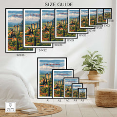 Carcassonne France Medieval Castle Poster - Historic City Wall Art size guide showcasing various frame sizes.