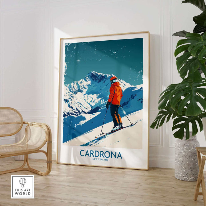 Cardrona Ski Print featuring a skier in New Zealand's snowy mountains, perfect for inspiring ski adventure decor.