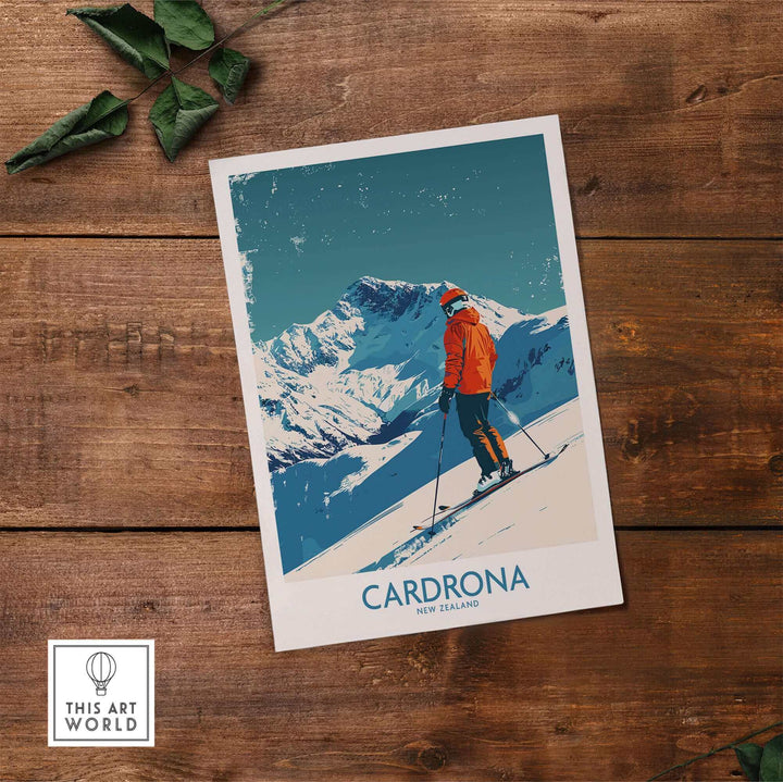 Vintage Cardrona Ski Print showcasing a skier against a stunning snowy landscape in New Zealand. Perfect for ski lovers.