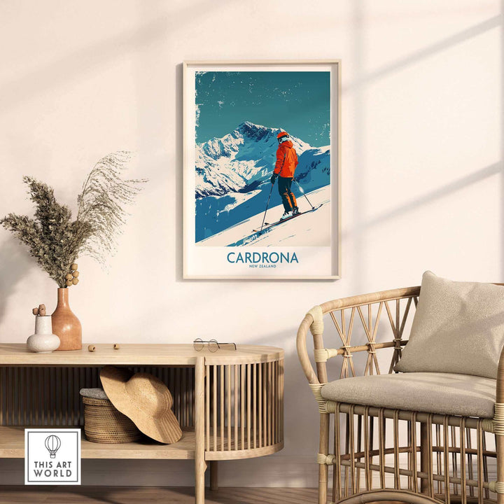 Vintage Cardrona Ski print showcasing a skier against stunning New Zealand mountains in a stylish interior setting.