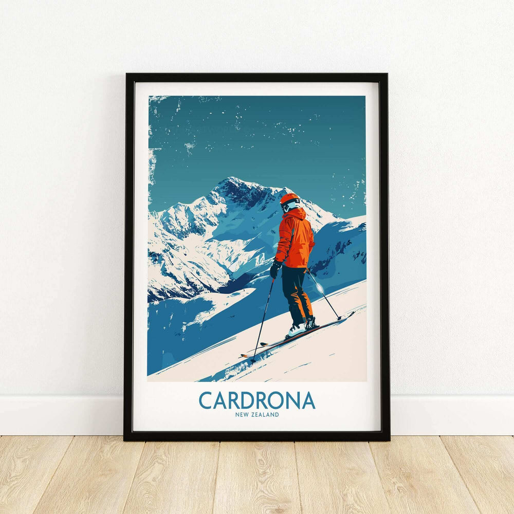 Cardrona Ski Print depicting a skier against New Zealand's stunning mountain backdrop, perfect for ski enthusiasts.