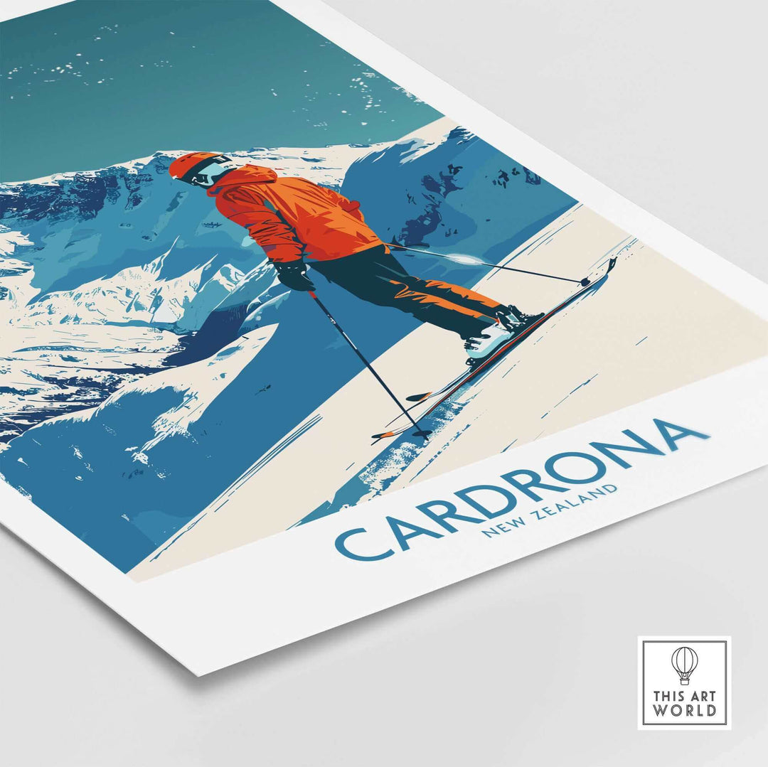 Cardrona Ski print showcasing a skier in vibrant orange against a stunning New Zealand landscape. Perfect for ski enthusiasts.