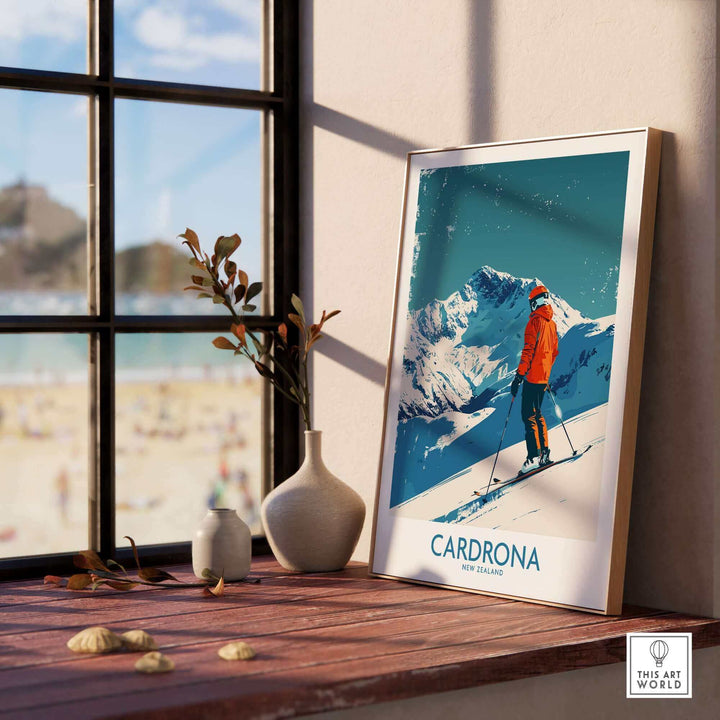 Cardrona Ski Print showcasing a skier against stunning New Zealand mountains, perfect for inspiring ski adventures.