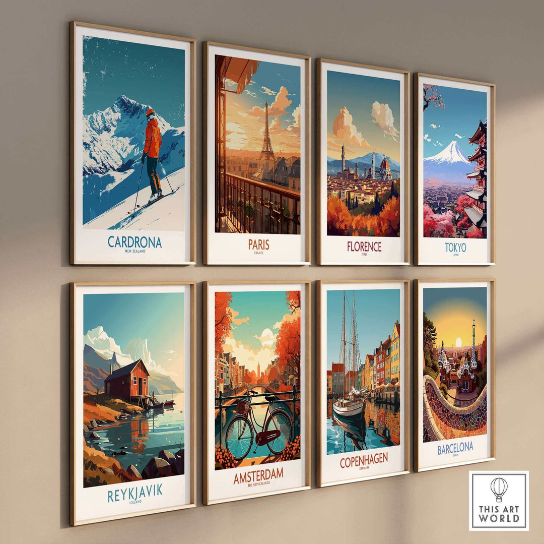 Colorful travel art prints showcasing Cardrona, Paris, Florence, Tokyo, Reykjavik, Amsterdam, Copenhagen, and Barcelona.