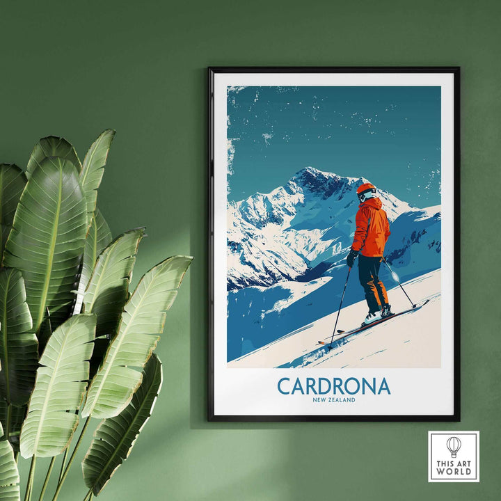 Cardrona Ski print featuring a skier in an orange jacket against a snowy mountain backdrop in New Zealand, ideal for ski enthusiasts.