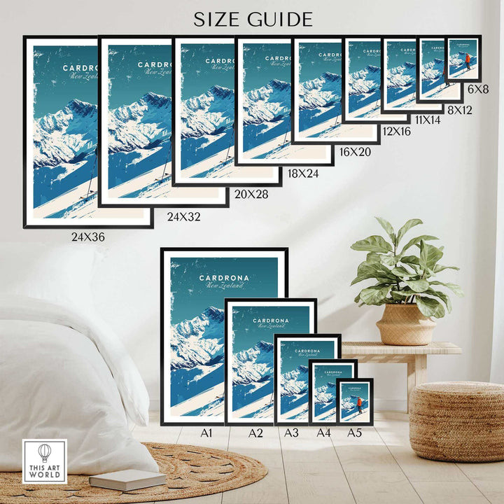 Size guide for Cardrona Travel Posters featuring various frame sizes displayed in a home setting.