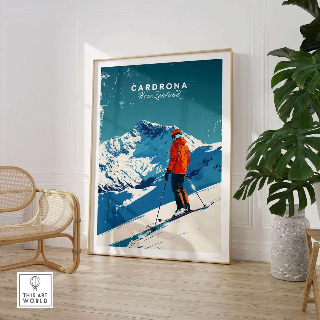 Cardrona Travel Poster featuring a skier in vibrant orange against stunning New Zealand mountain backdrop. Perfect for ski enthusiasts.