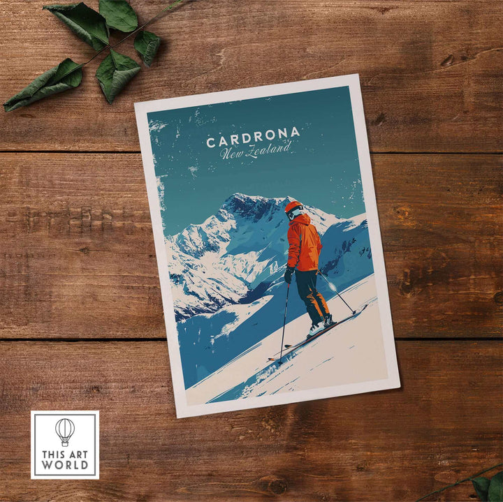 Cardrona Travel Poster showcasing a skier against stunning mountain backdrop, celebrating New Zealand's ski resort beauty.