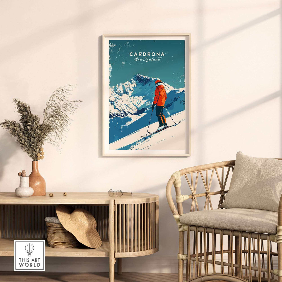 Cardrona Travel Poster featuring a skier in New Zealand's mountains, showcasing the beauty of the ski resort in a stylish interior setting.