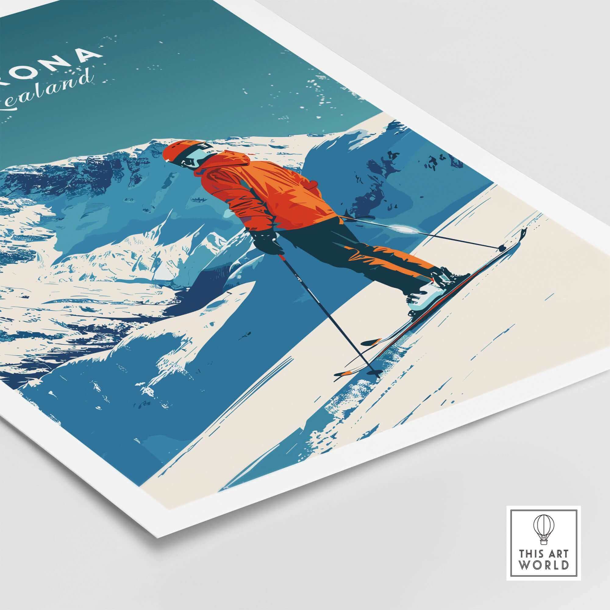 Cardrona Travel Poster featuring a skier in orange against snowy mountains in New Zealand, capturing adventure and beauty.