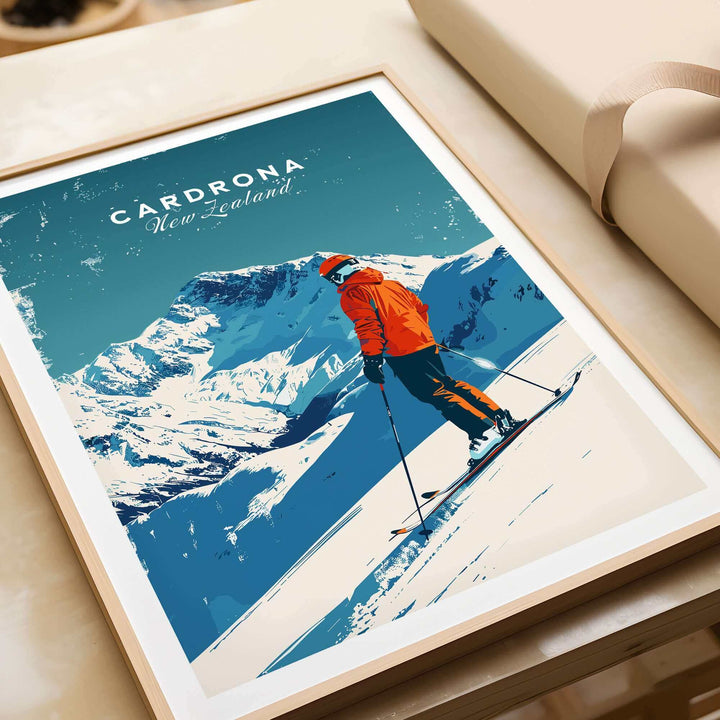 Cardrona travel poster featuring a skier on slopes with snowy mountains, showcasing New Zealand's stunning ski resort.