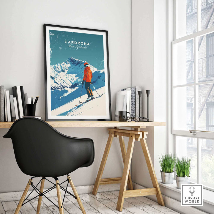 Cardrona ski resort travel poster displayed in a stylish home office, inspiring adventure in New Zealand's picturesque landscape.