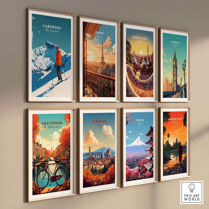 Collection of vibrant travel posters featuring Cardrona, Paris, Barcelona, London, Amsterdam, Florence, Tokyo, and Angkor Wat.