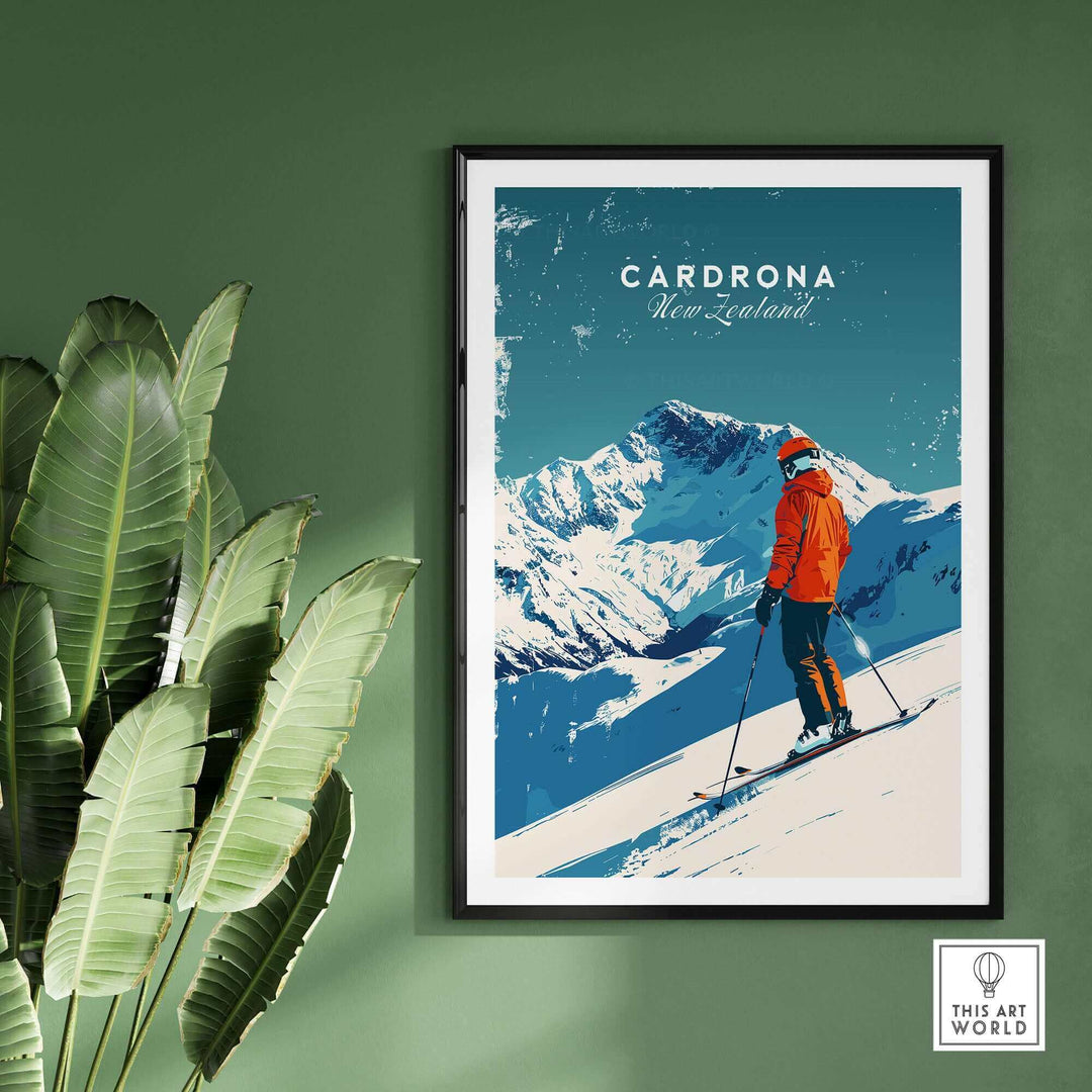 Cardrona Travel Poster featuring a skier against snowy mountains, showcasing New Zealand's stunning ski resort.