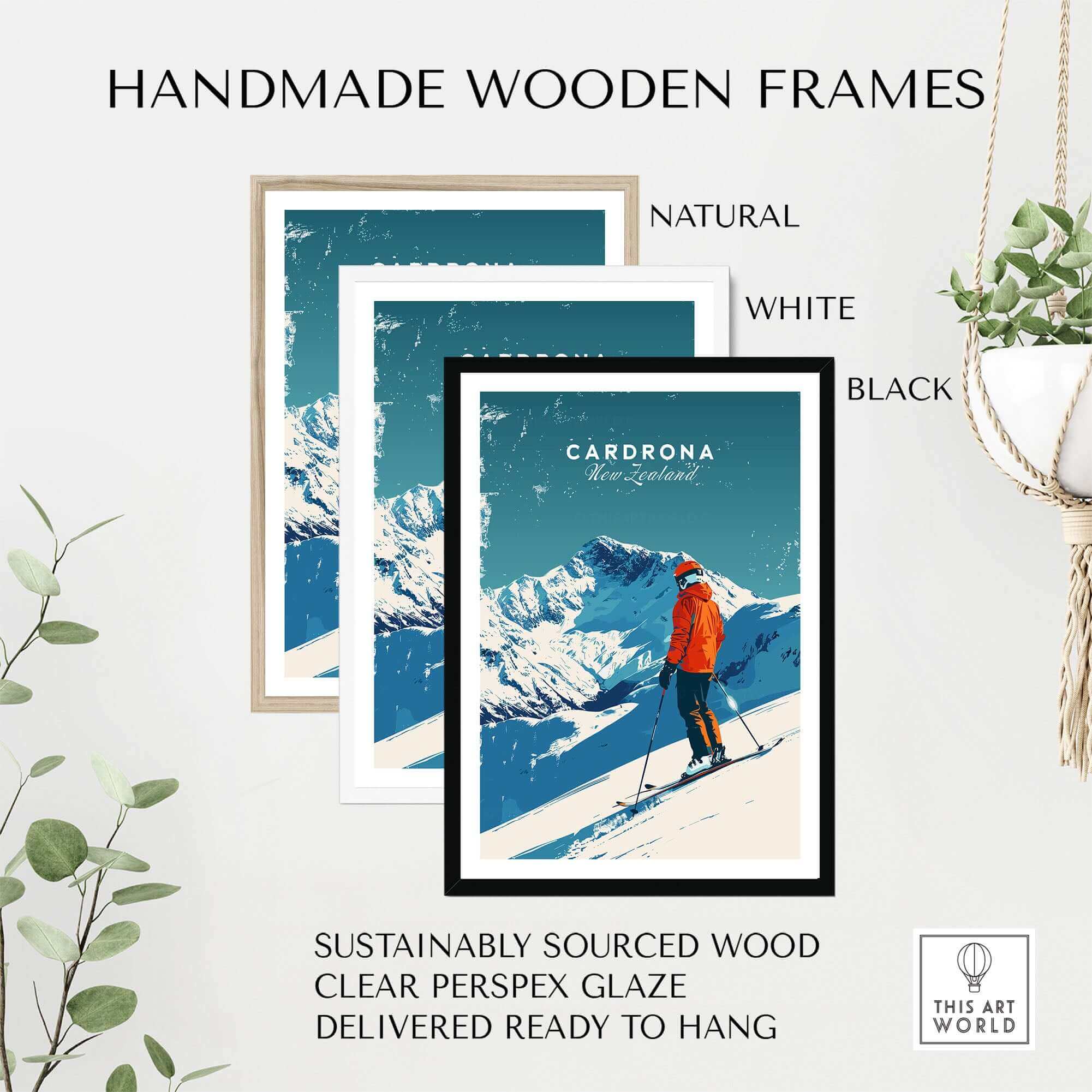 Cardrona Travel Poster in handmade wooden frames: natural, white, and black. Sustainably sourced wood, ready to hang.