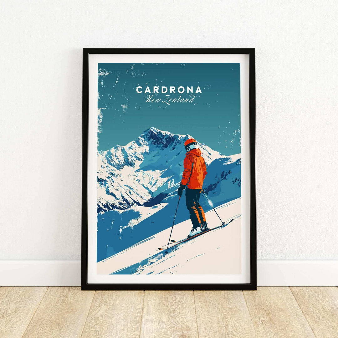 Cardrona Travel Poster featuring a skier in orange gear against the stunning New Zealand mountains. Perfect for ski enthusiasts.