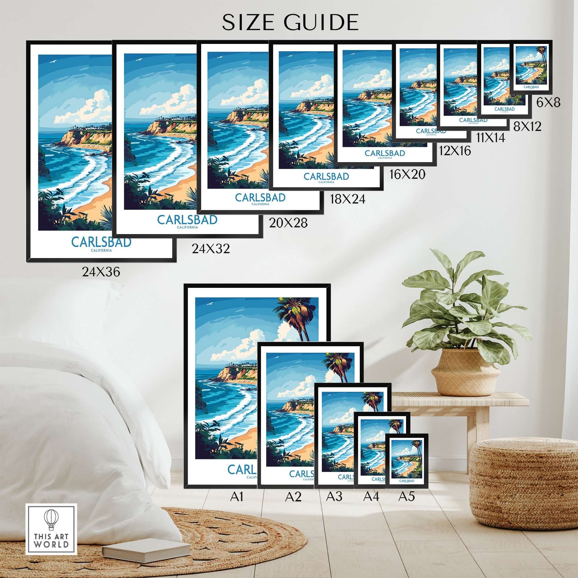 Carlsbad Poster California size guide with various frame options for stunning beach scenes.