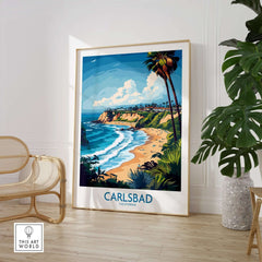 Carlsbad Poster California showcasing a vibrant beach scene with palm trees and a stunning coastal view.