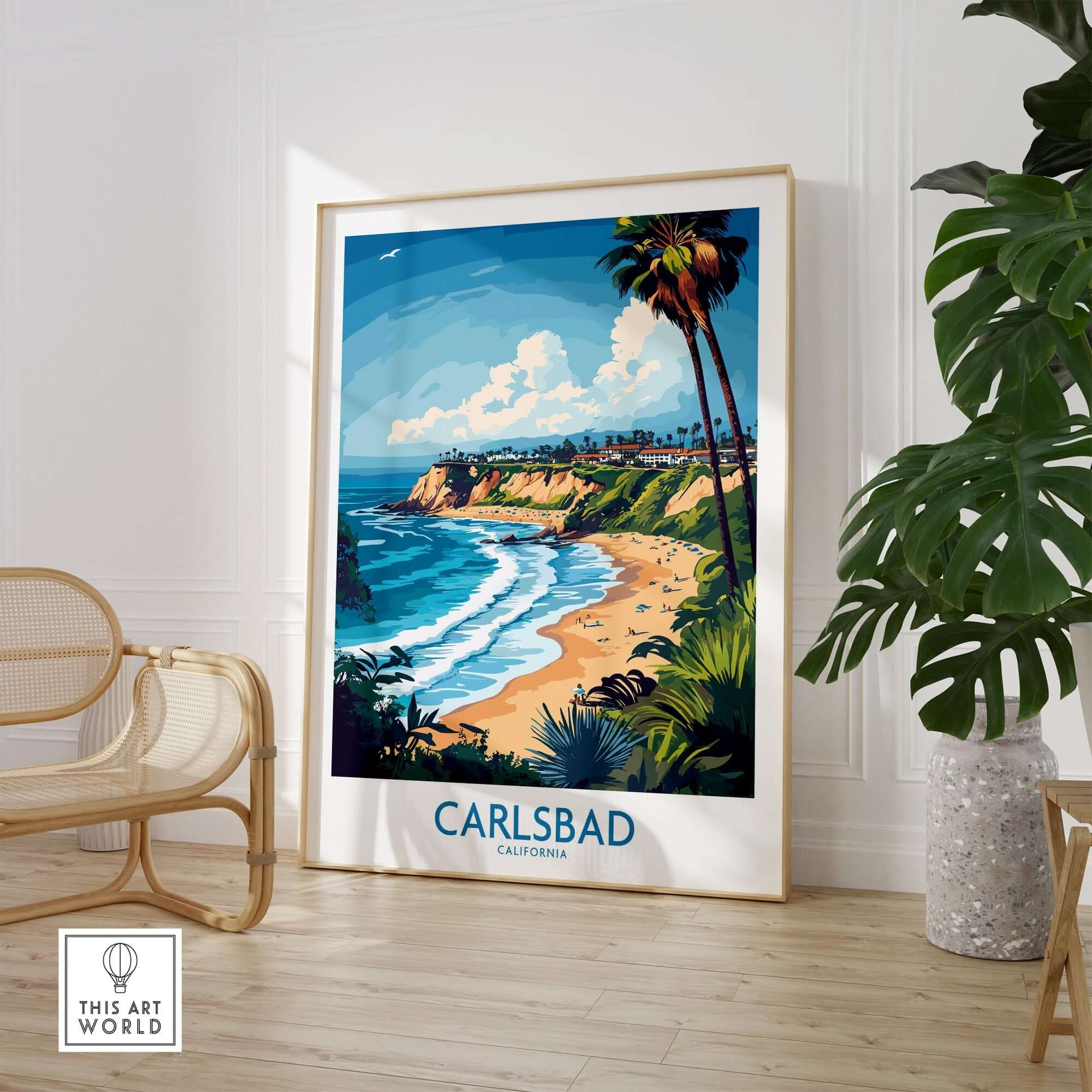 Carlsbad Poster California showcasing a vibrant beach scene with palm trees and a stunning coastal view.