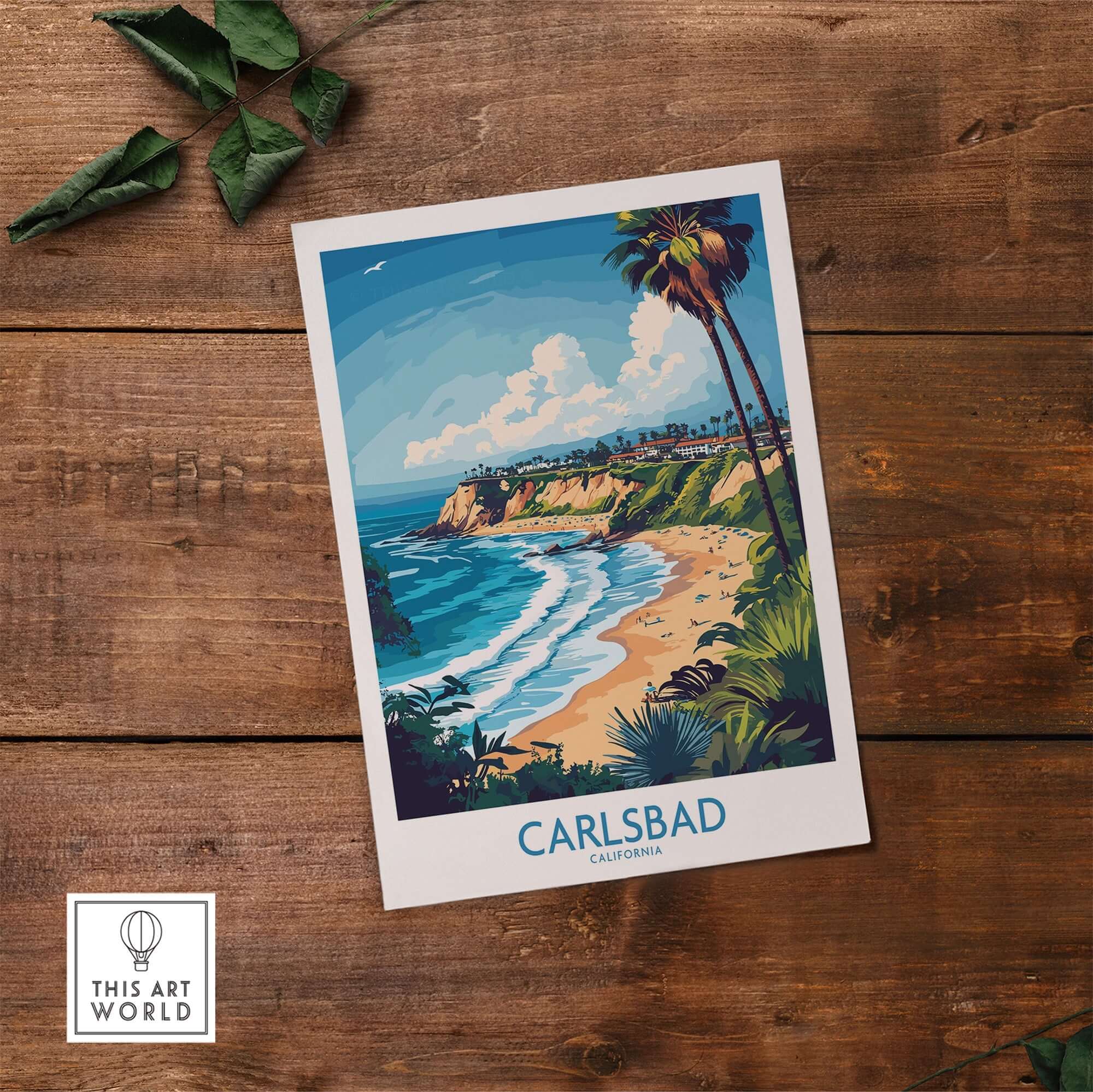 Carlsbad Poster California showcasing a vibrant beach scene with palm trees and blue waters.