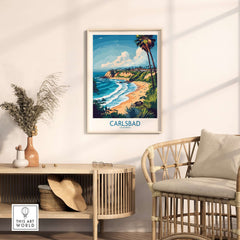 Carlsbad Poster California displayed in a stylish living room with beach scene and palm trees.