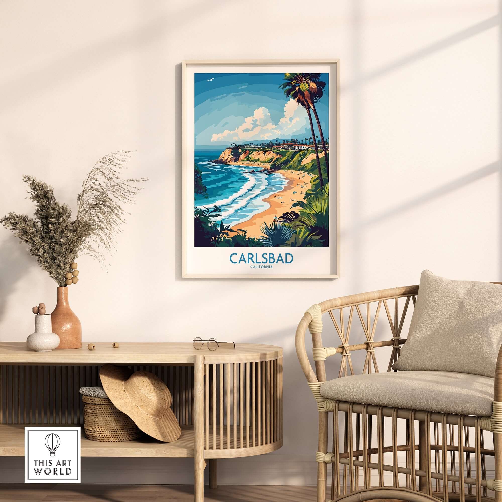 Carlsbad Poster California displayed in a stylish living room with beach scene and palm trees.
