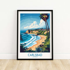 Carlsbad Poster California depicting a vibrant beach scene with palm trees and waves, perfect for home decor.