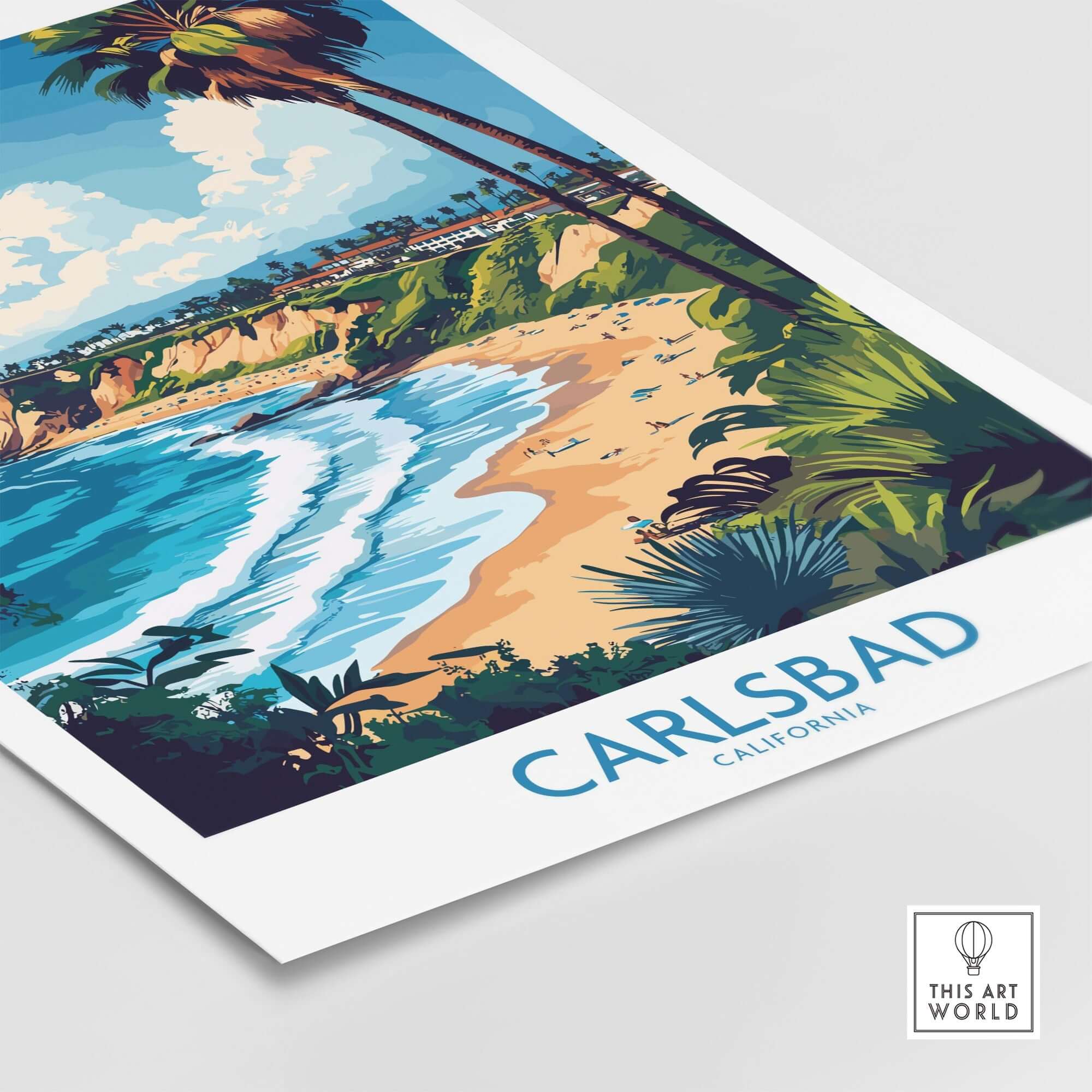 Carlsbad Poster California featuring a vibrant beach scene with palm trees and cliffs in California.
